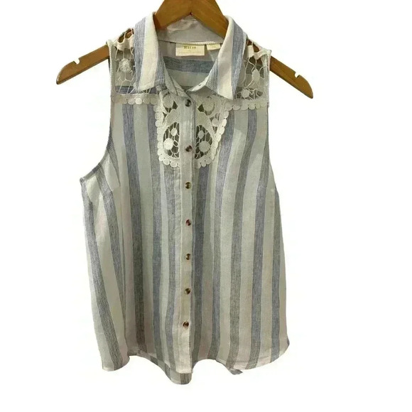 Maeve by Anthropologie Edinboro Linen Striped Lace Top Size S - Picture 6 of 8